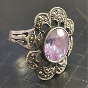 Vintage Sterling Silver Marcasite Ring Cocktail Purple 925 Size 6.25